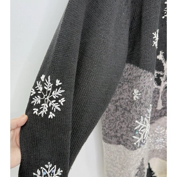 TIARA Winter Wonderland Ramie Blend Sweater Black Cardigan‎ Christmas Snowy Sz L - Picture 8 of 12